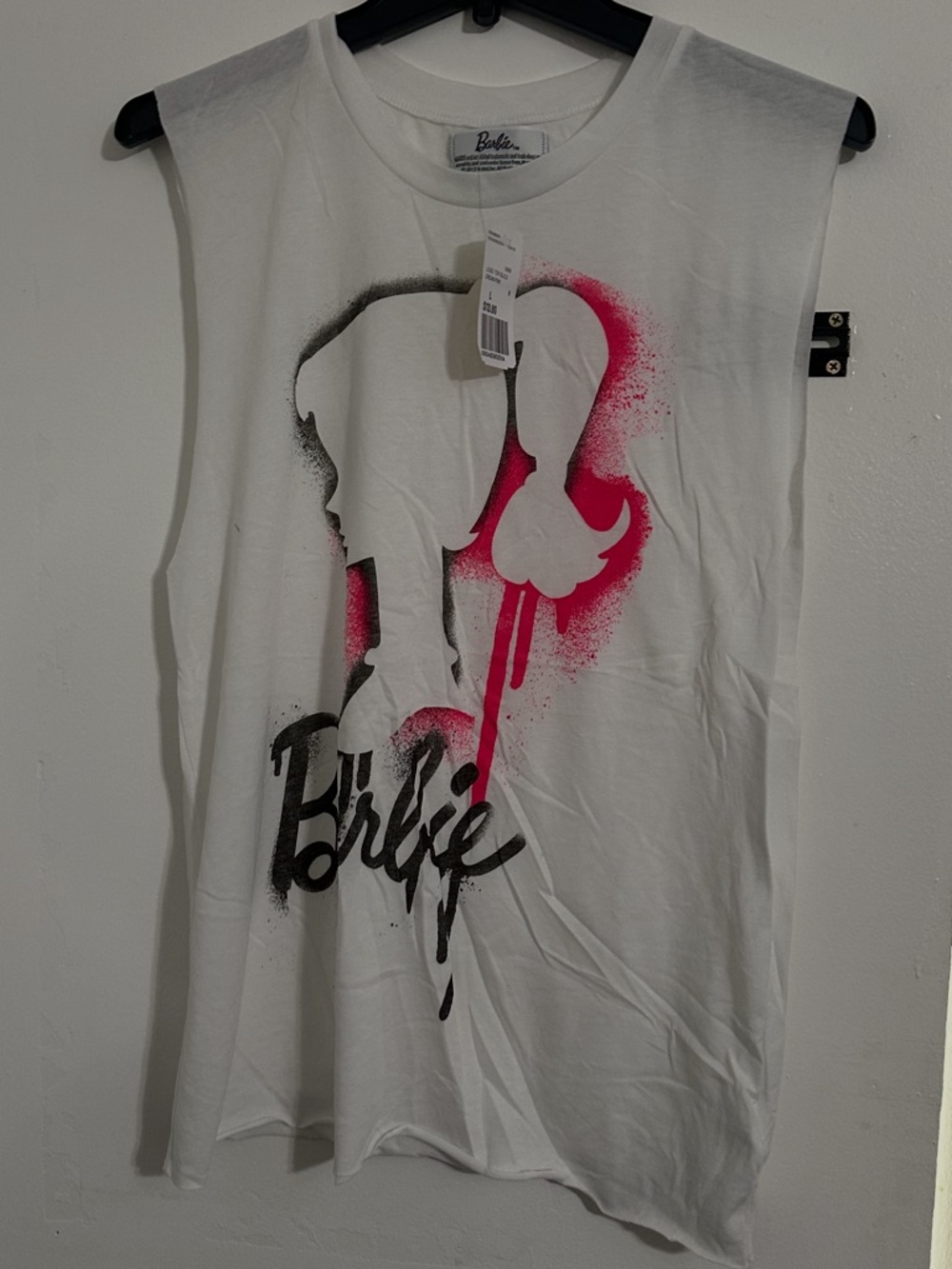 Forever 21 White Muscle Tee with Pink & Black Barbie Graphic